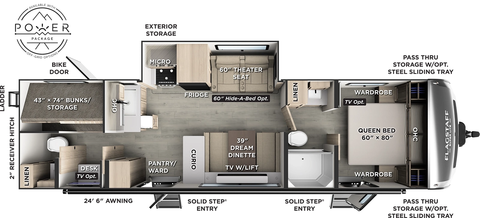 The Flagstaff Super Lite Travel Trailers 29DBH floorplan has two entries and one slide out. Exterior features include: fiberglass exterior and 24'6" awning. Interiors features include: bunk beds, u-dinette, front bedroom, pass through bathroom and two full bathrooms.